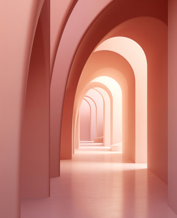 Abstract architecture interior background, 3d render illustration of corridor with arch. AI Generatedの素材