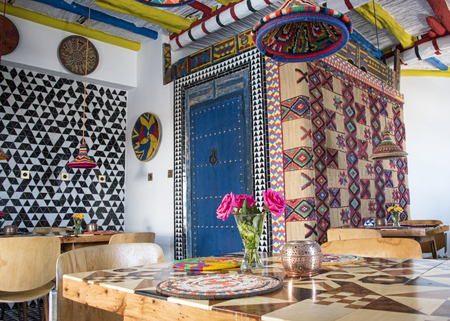 Essaouira, Morocco - September 2017: Brightly coloured morocan styled boutique bistroのeditorial素材