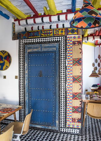 Essaouira, Morocco - September 2017: Brightly coloured morocan styled boutique bistroのeditorial素材