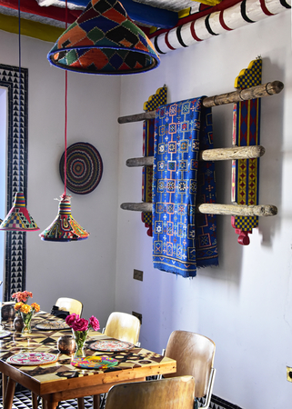 Essaouira, Morocco - September 2017: Brightly coloured morocan styled boutique bistroのeditorial素材