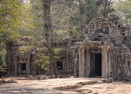 Cambodia, Ta Phrom - March 2018: The temple is partially recovered from the jungle. Many ruins have been reconstructed some remain a jumble of stone with trees growing through the site.のeditorial素材