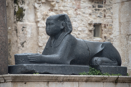 Croatia, Split - June 2018: Ancient Egyptian sphinx in the square of the Diocletian Palace in Split. The Sphinx was damaged during renovation works.のeditorial素材
