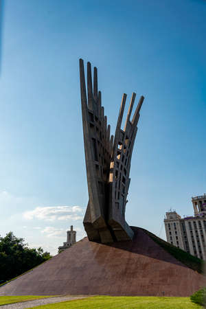 Bucharest, Romania - Aug 2019: Wings monument celebrating the memory of the anti-communist resistance in Bucharest, Romania.のeditorial素材