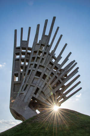 Bucharest, Romania - Aug 2019: Wings monument celebrating the memory of the anti-communist resistance in Bucharest, Romania.のeditorial素材