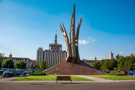 Bucharest, Romania - Aug 2019: Wings monument celebrating the memory of the anti-communist resistance in Bucharest, Romania.のeditorial素材