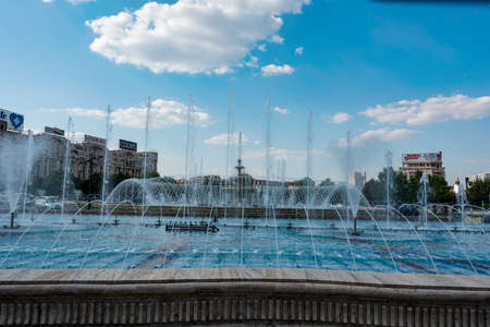 Bucharest, Romania-  Aug, 2019: Water jets and fountainsのeditorial素材