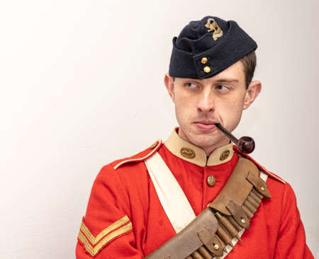 UK, Market Bosworth, Victorian Christmas Fair - December 2015:Young man dresses in the unifrom of the Royal Leicestershire Regiment. Mainly based in India during the victorian era.のeditorial素材