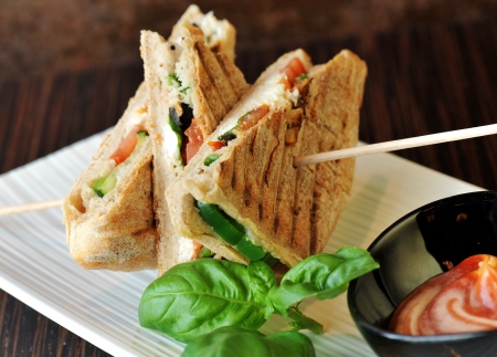 Healthy veggie panini sandwiches, Freshly grilled panini with olives, basil leaves, fresh red and green peppers, tomatoes, and mozzarella cheese served on ciabatta bread with cream ketchup sauce Healthy veggie panini sandwiches, Freshly grilled panini with olives, basil leaves, fresh red and green peppers, tomatoes, and mozzarella cheese served on ciabatta bread with cream ketchup sauce