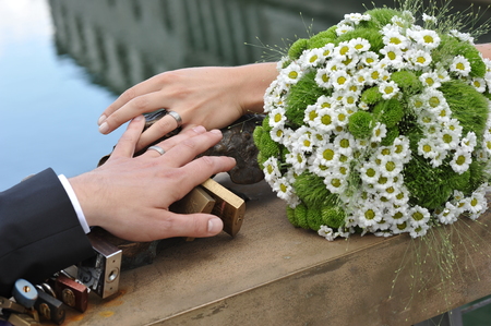 Wedding, Bride and Groom holding hands の写真素材