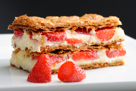 French gourmet strawberry mille feuille with whipped sour cream. Shallow dof.の写真素材