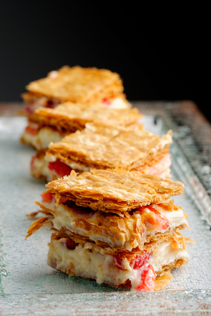 French gourmet strawberry mille feuille with whipped sour cream. Shallow dof.の写真素材