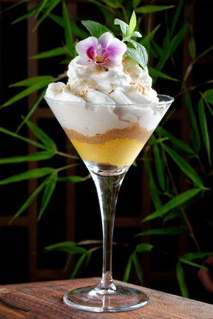 Passion fruit ice cream with almond cream and coconut foamの写真素材
