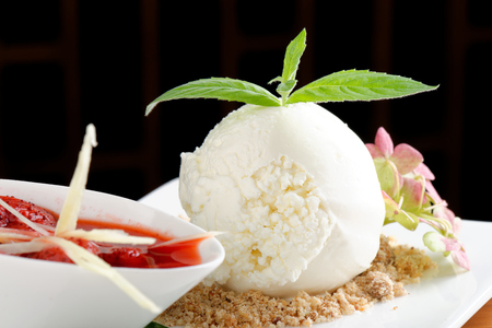 White ice cream with hot strawberry sauce, ginger and green bell pepper / fine diningの写真素材