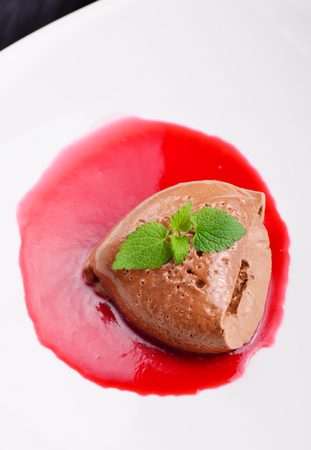 Chocolate mousse with fresh strawberry sauce / Fine diningの写真素材