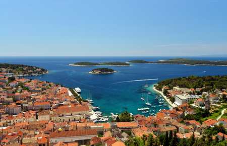 Harbor of old Adriatic island town Hvar. High angle view. Popular touristic destination of Croatia.のeditorial素材