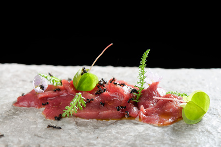 Haute cuisine, venison meat carpaccio with antsの写真素材