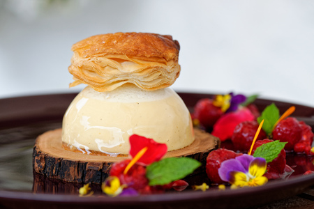 Fine dining dessert, Vanilla Parfait, forrest fruit, white chocolate mousse
