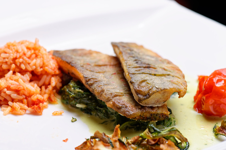 Fine dining, fish fillet breaded in herbs and spice on vegetableの写真素材