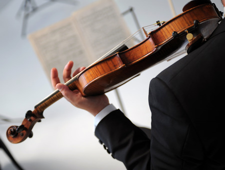 musician plays the violin in the orchestraの写真素材