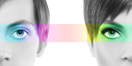 oculistic concept, portrait half woman half man, eyes colorful rainbowの写真素材