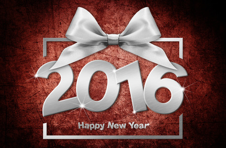 happy new year 2016 silver text with box and ribbon on red grunge  background