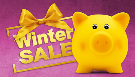 winter sale text with piggy bank, golden ribbon bow, Isolated on pink backgroundの写真素材