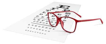 red eyeglasses on visual test chart isolated on white. Eyesight concept.