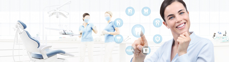 dental care concept, beautiful smiling woman on dentist clinic background with teeth icons and dentist's chair, pointing finger, web banner template .の写真素材