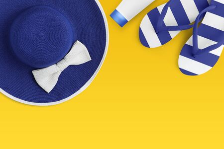 Top view of beach vacation accessories and travel concept.の写真素材