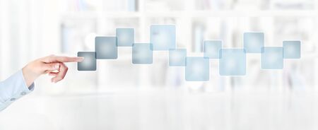 office business work concept, hand finger touch screen, empty icons, web banner and copy space template,の写真素材