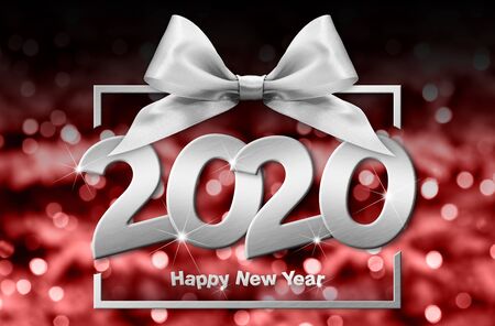 2020 happy new year number text in frame with silver ribbon bow isolated on red blurred lights...