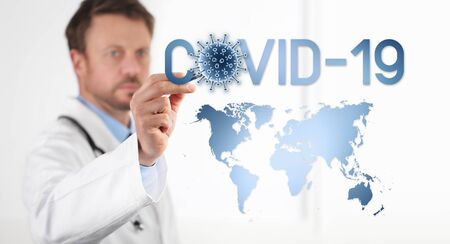 doctor touch screen with the written covid 19 and the corona virus symbol icon, isolated on white background with blue world map.の写真素材
