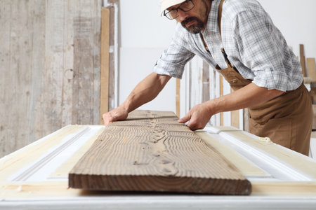 Male carpenter working the wood in carpentry workshop, holding wooden plank, wearing overall