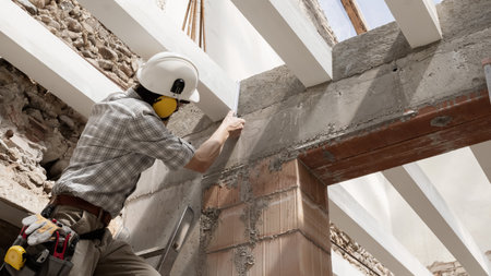 man at work, construction worker wear a helmet, check the measurements and distances of the beams at...
