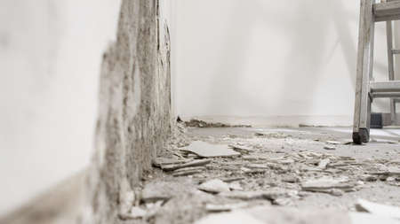 house renovation concept, wall in demolition with plaster rubble and ladder, white background with...