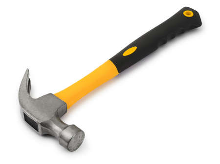 carpenter hammer with black and yellow handle isolated on white backgroundの写真素材