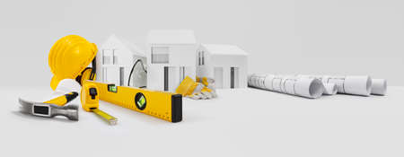 House construction plan. Work Tools for building. Architectural models houses, yellow hard hat, meter and spirit level above table with safety gloves, glasses, blueprints. Home service repair conceptの写真素材