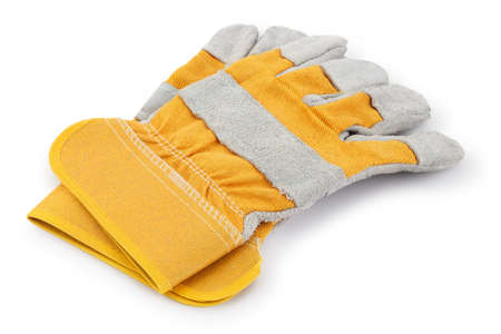 safety work gloves for building or industrial job, colored in gray and yellow isolated on white...