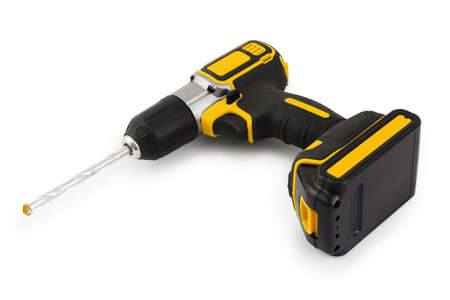 cordless battery screwdriver drill with wall bit, colored black and yellow isolated on white...