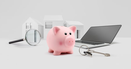 magnifying glass over architectural model of houses, laptop, keys and piggy bank, internet search for buy or sale real estate online, bank loan and houses sold at auction, strong money savings conceptの写真素材