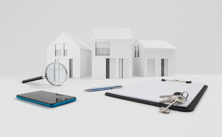 magnifying glass on architectural model of houses with clipboard, keys, pen and mobile phone, for internet search to online real estate buy or sale, concept of bank loan solutions and contract signingの写真素材