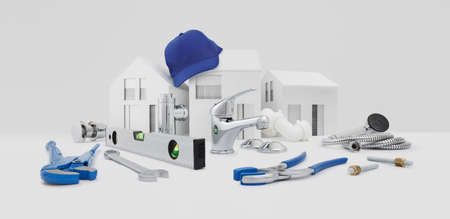 plumbing service, components and plumber work tools on desk with model house, pipe wrench, faucet...