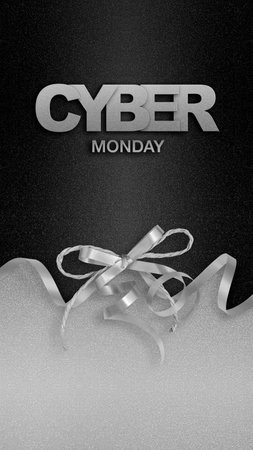 cyber Monday text with silver shiny ribbon bow isolated on black and silver sparkle texture background, gift card, promotional or advertising banner, sale, shopping and saving template with copy spaceの写真素材
