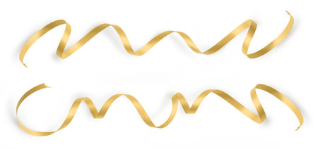 bright golden ribbons for bows isolated on white background, top view, copy space for gift greeting card, Merry Christmas or Easter banner and mother day or shopping advertising templateの写真素材
