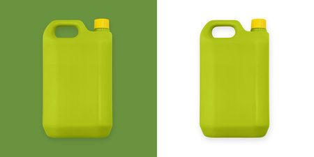 Green plastic jerry can, isolated on white and green background. Plastic container containing fertilizer or pesticide liquid, gardening equipment for growing for vegetable garden and plant care.の写真素材