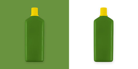 Green plastic bottle, isolated on white and green background. Containing fertilizer or pesticide liquid. Gardening equipment for growing for vegetable garden and plant care.の写真素材