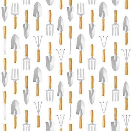 Seamless pattern with gardening tool and garden equipment, shovel, rake, fork, and spade with wooden handle, isolated top view on white background. Wrapper template for greenhouse or flower shop.の写真素材