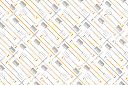 Seamless pattern with gardening equipment and garden tools, rake, spade and fork with wooden handle, top view isolated on white background. Wrapper template for greenhouse, or vegetable garden.の写真素材