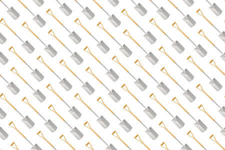 Seamless pattern with gardening tool and garden equipment, spade with wooden handle, isolated top view on white background. Wrapper template for greenhouse or flower shop.の写真素材