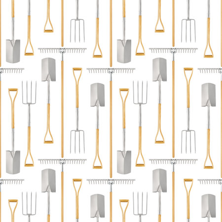 Seamless pattern with gardening equipment and garden tools, rake, spade and fork with wooden handle, top view isolated on white background. Wrapper template for greenhouse, or vegetable garden.の写真素材